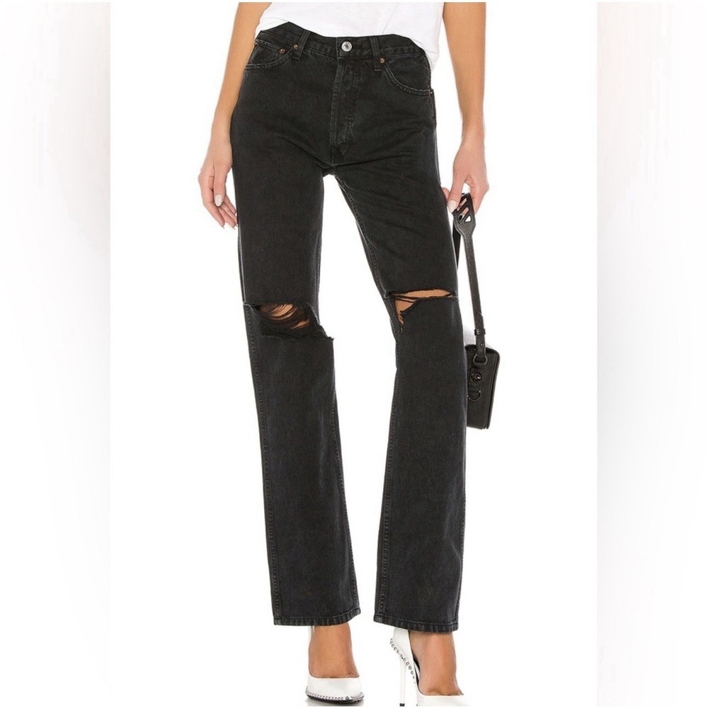 RE/DONE 70s Stove Pipe Jeans In Faded Coal With Rips Sz 28